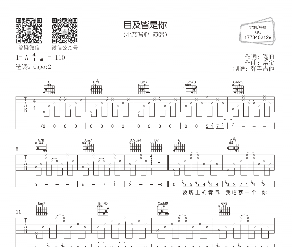 小蓝背心《目及皆是你》吉他谱弹唱谱
