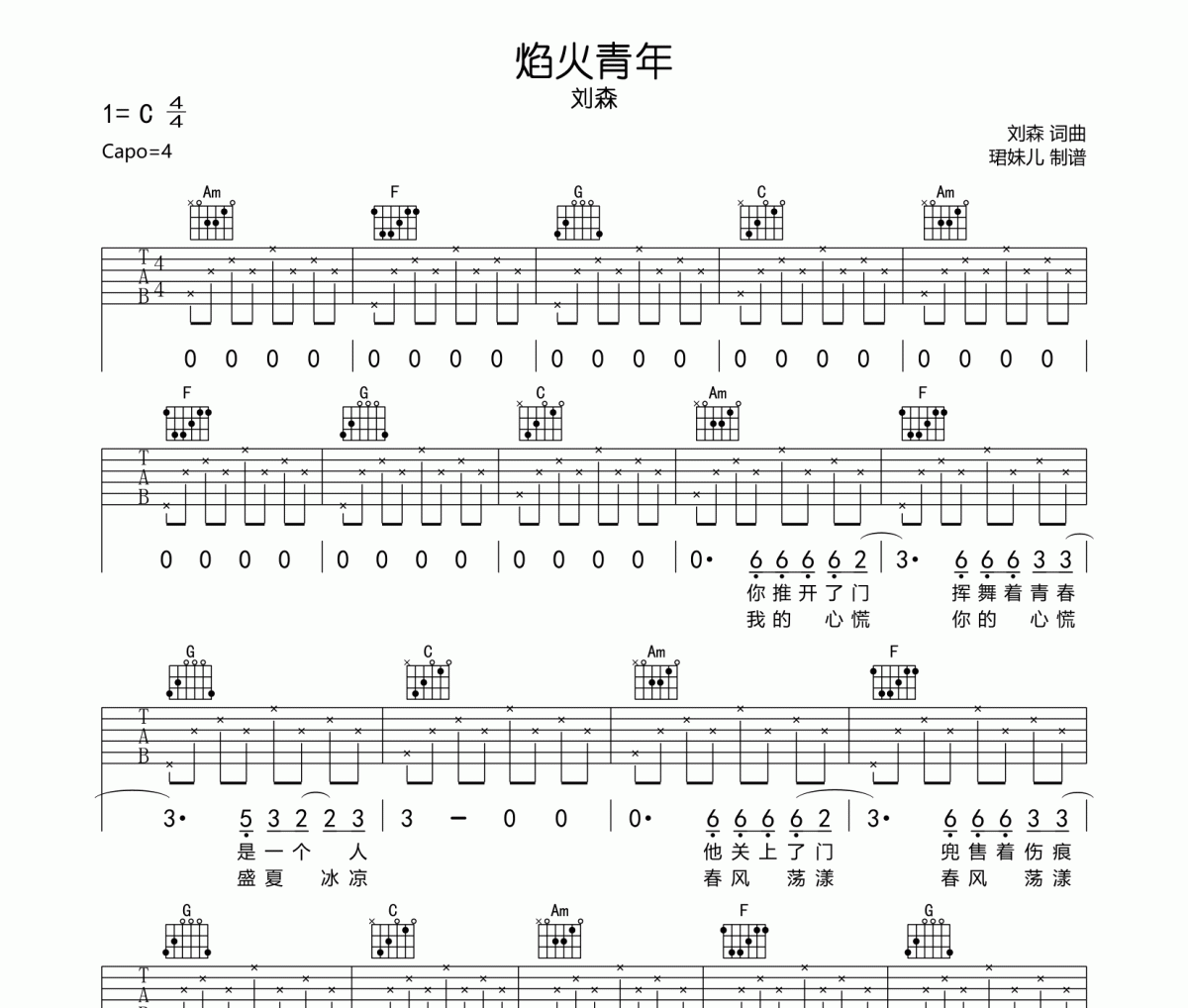 焰火青年吉他谱 刘森-焰火青年C调弹唱