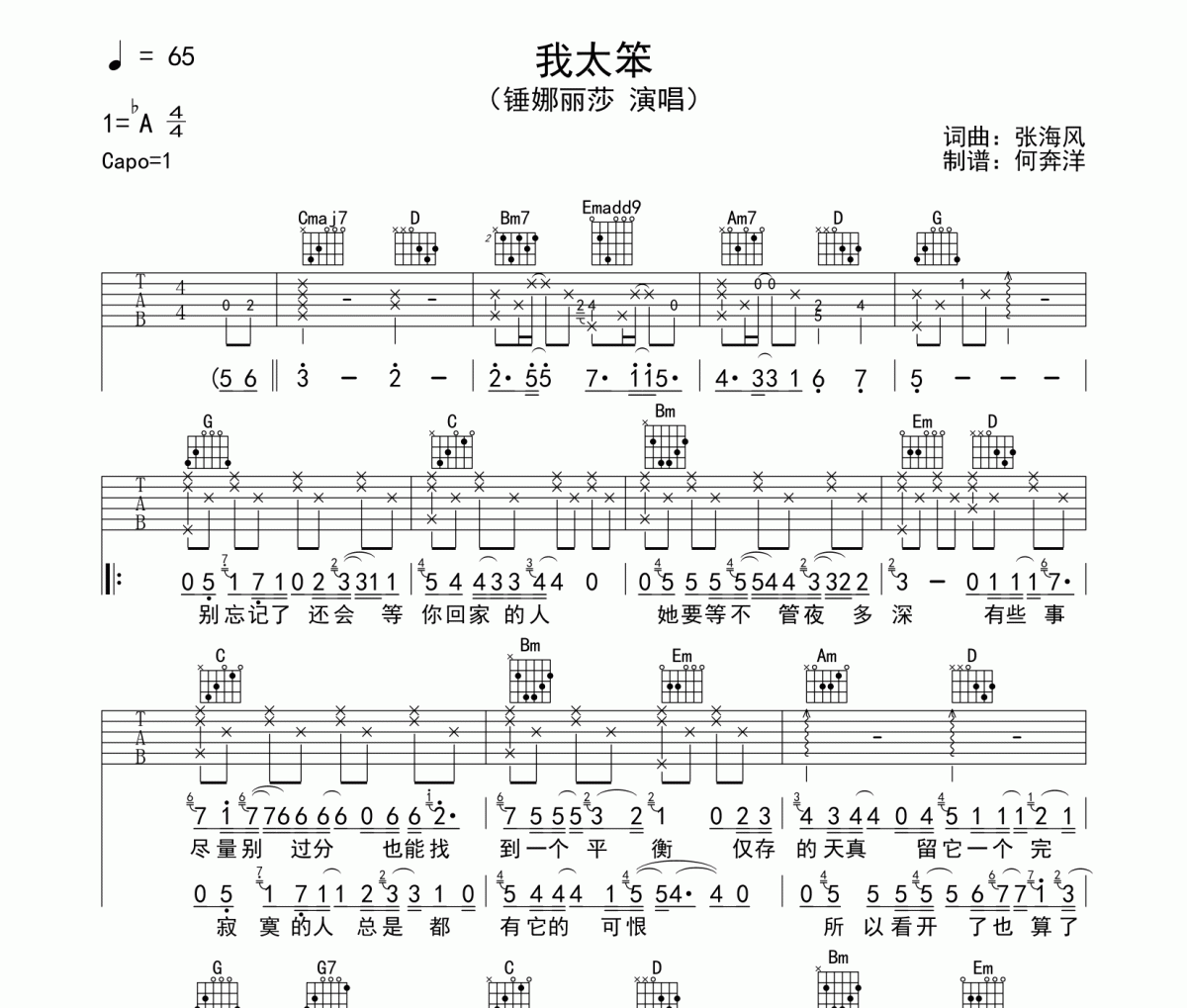 锤娜丽莎《我太笨》吉他谱六线谱G调