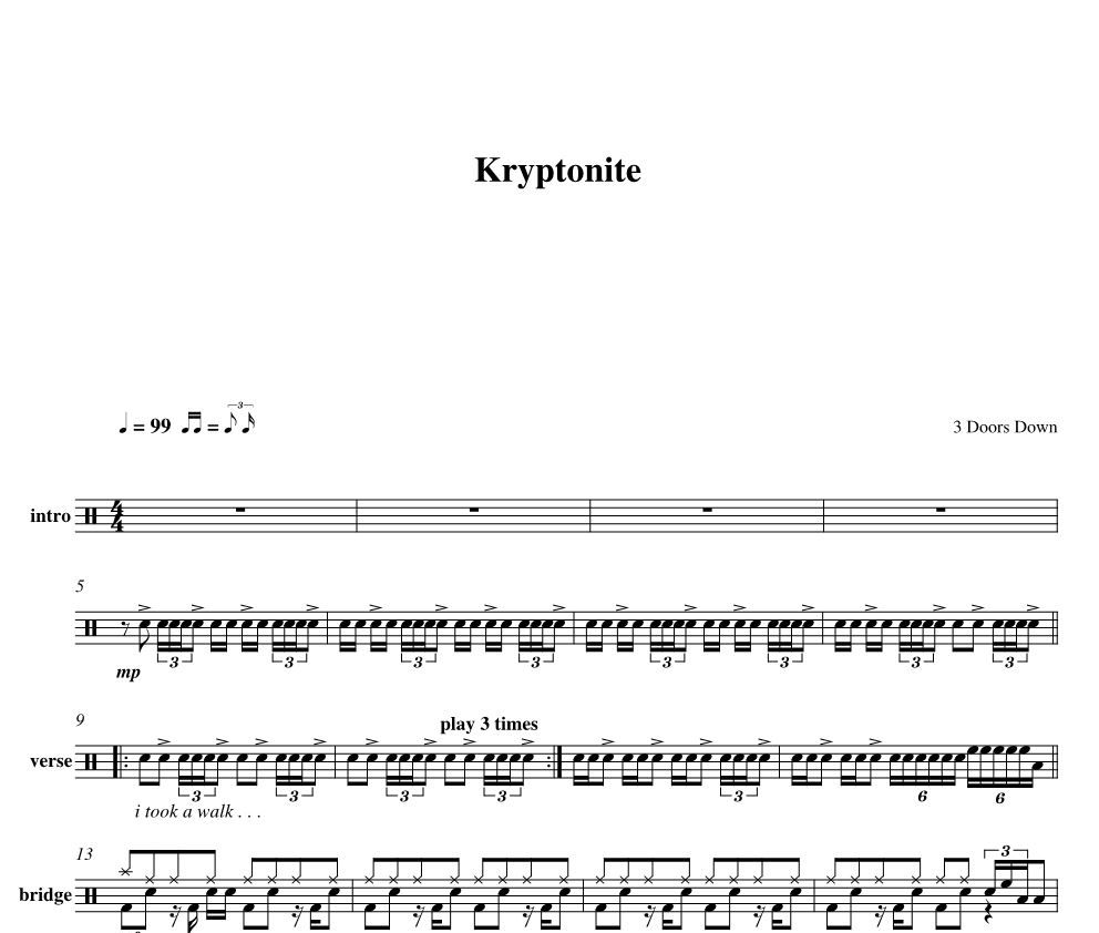 《铁证悬案  第二季》电视剧插曲 3 Doors Down-Kryptonite架子鼓谱