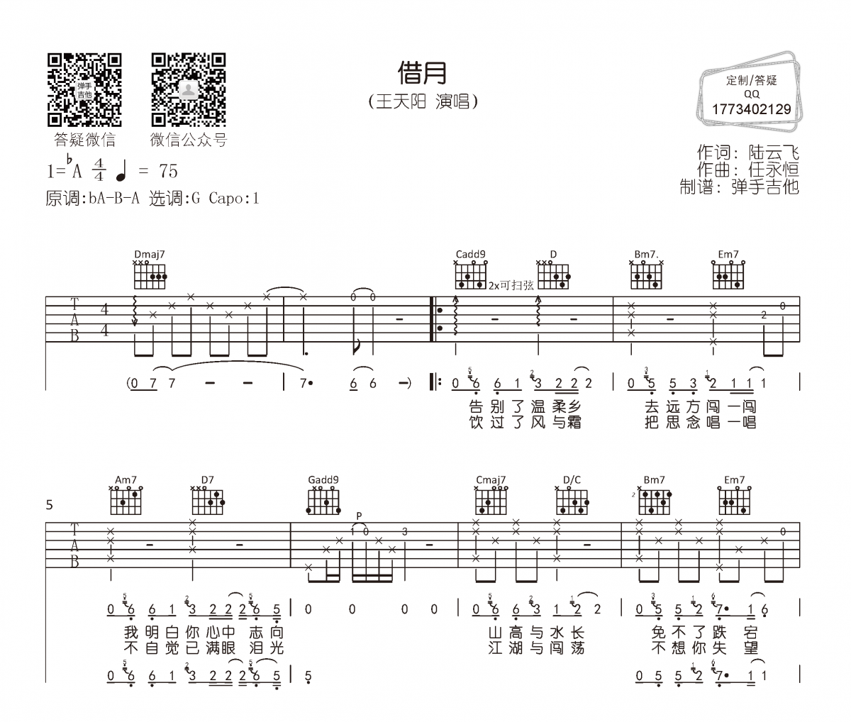 王天阳《借月》吉他谱六线谱