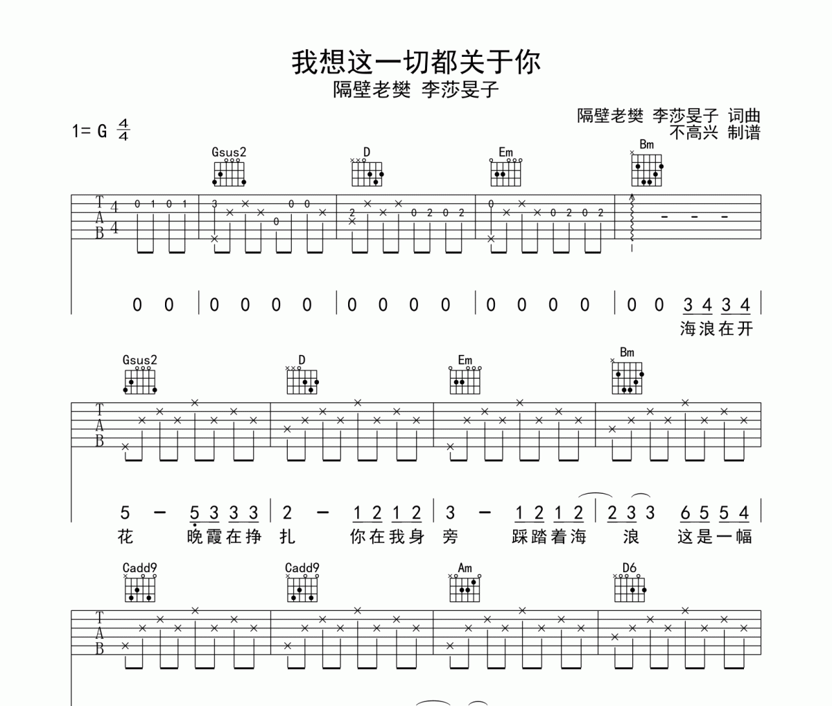 隔壁老樊 李莎旻子《我想这一切都关于你》吉他谱六线谱