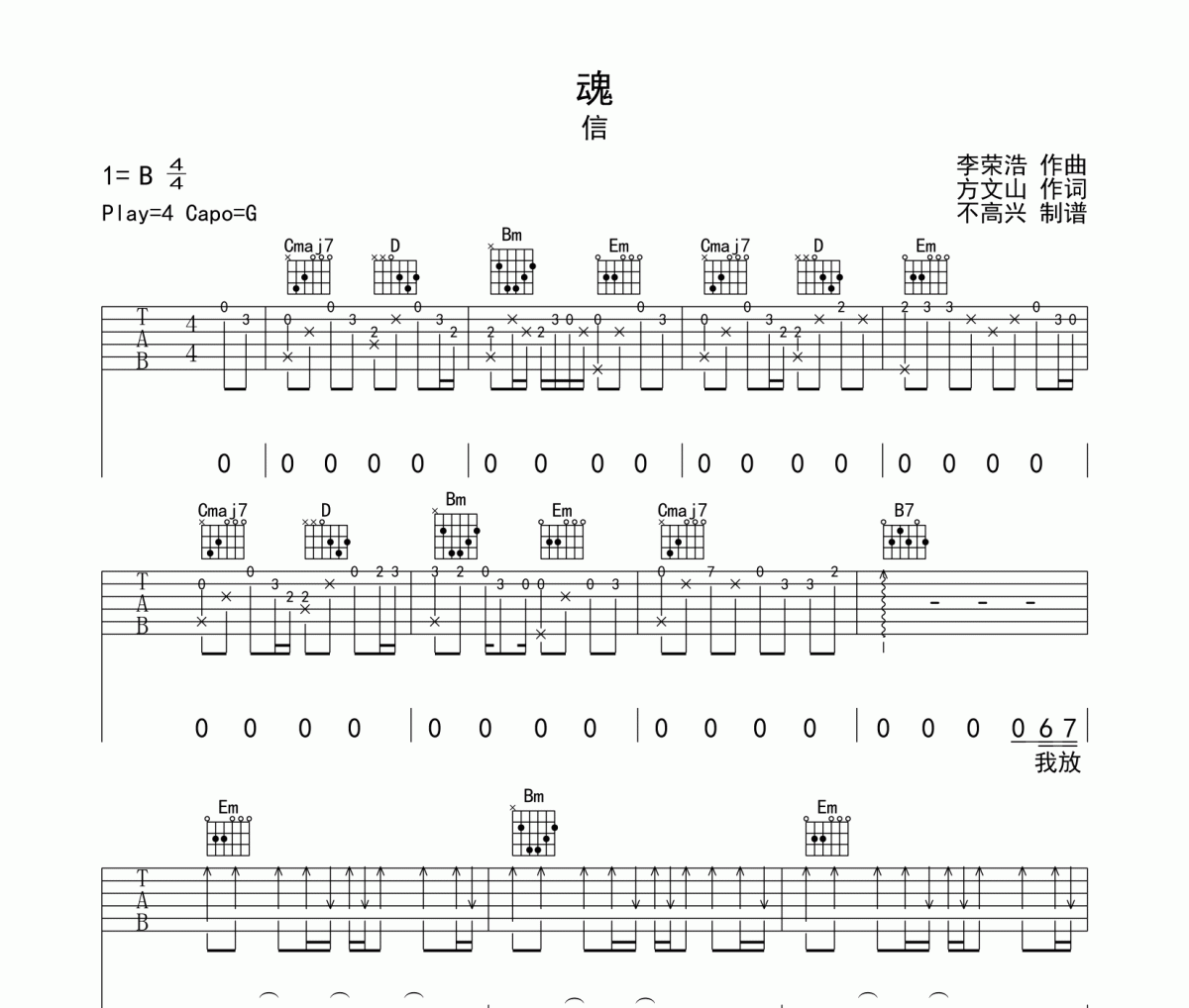 魂吉他谱 信《魂》六线谱G调指法编配