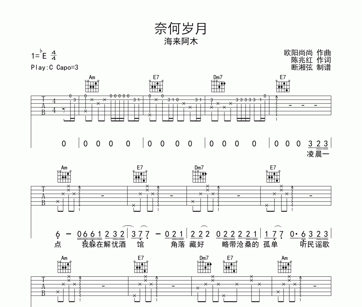 奈何岁月吉他谱 海来阿木-奈何岁月六线谱C调