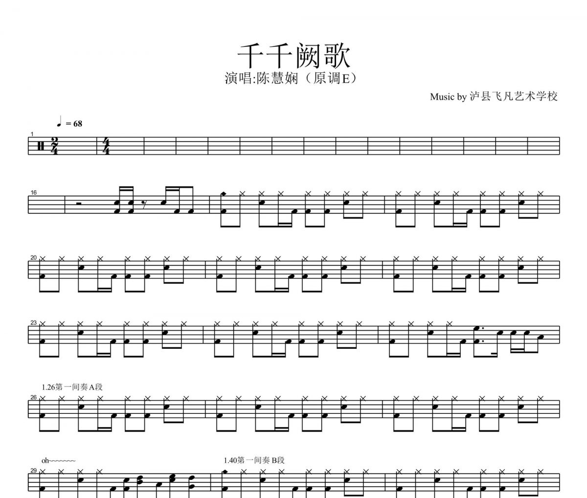 陈慧娴《千千阙歌》架子鼓谱爵士鼓曲谱