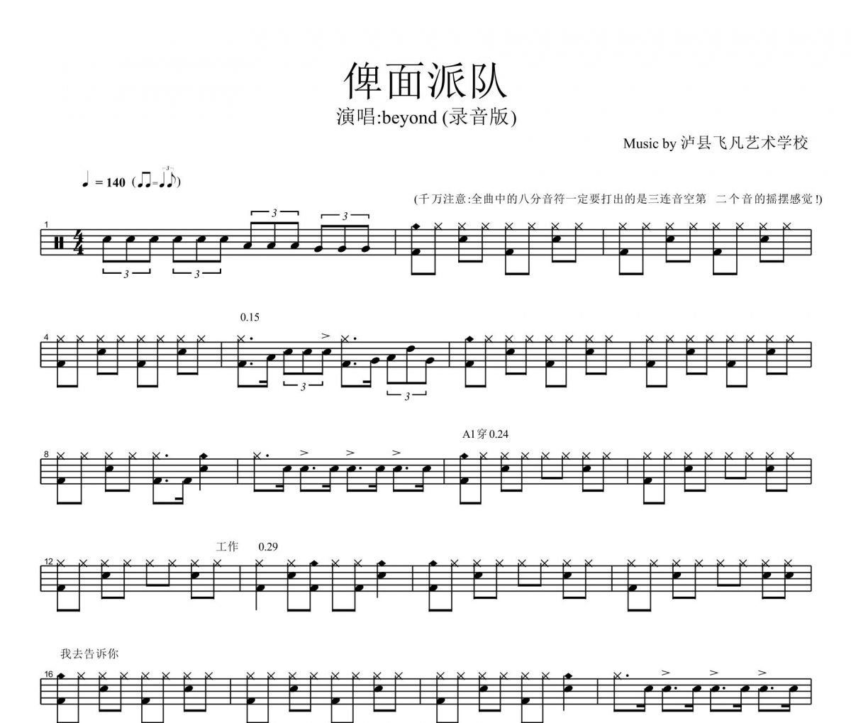 beyond乐队《俾面派对》架子鼓谱爵士鼓曲谱