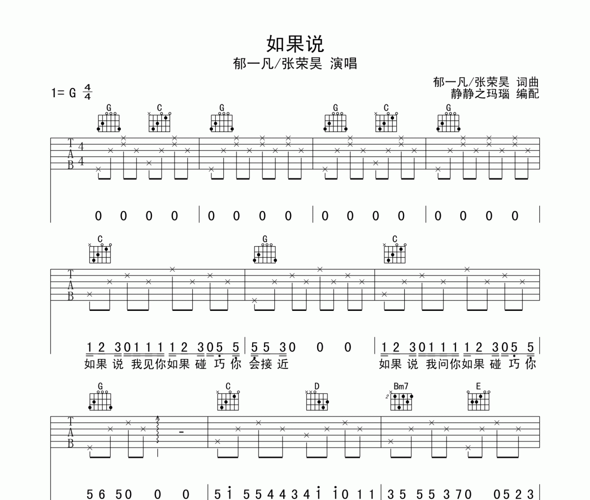 如果说吉他谱 郁一凡/张荣昊G调弹唱谱