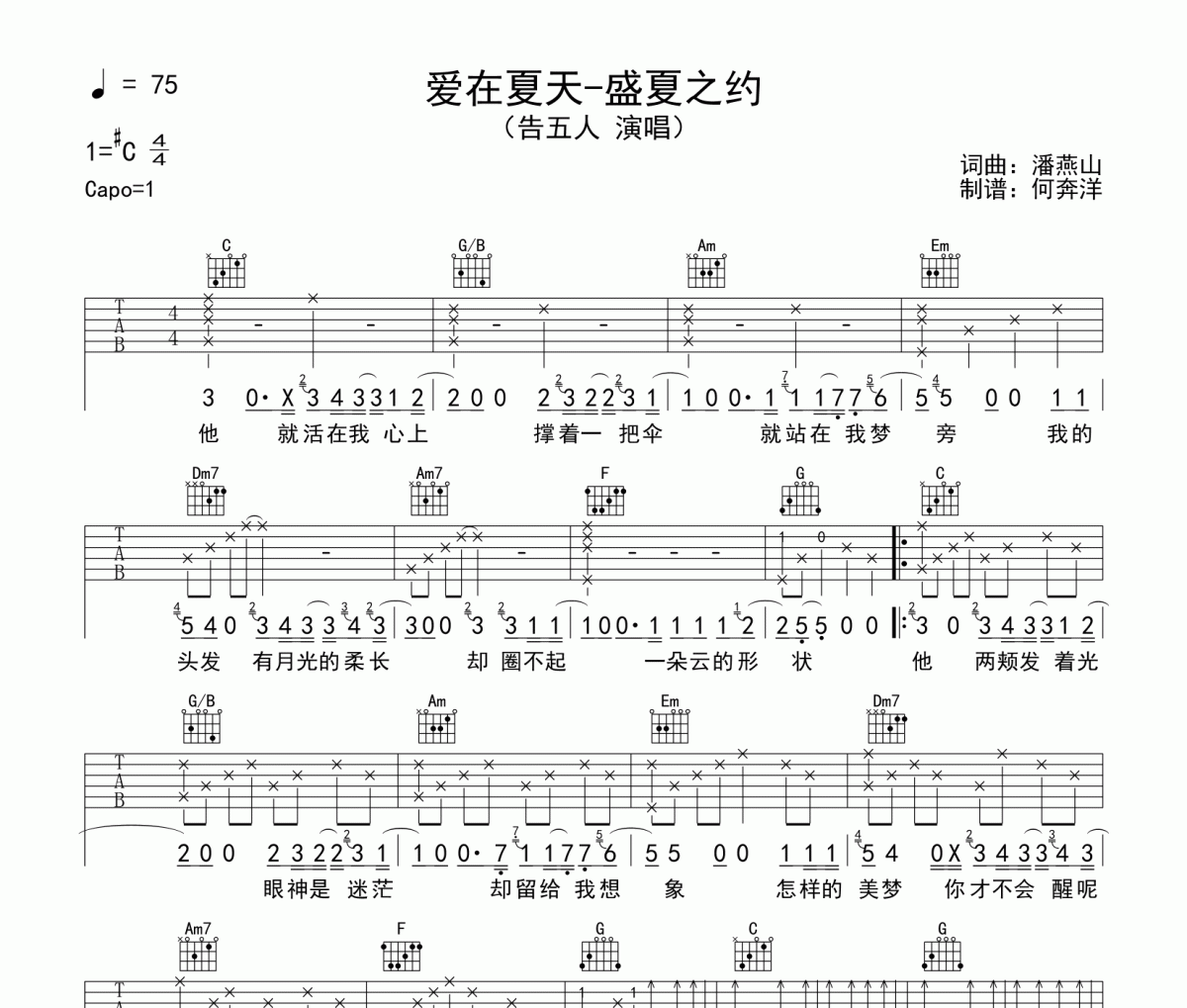 告五人《爱在夏天-盛夏之约》吉他谱六线谱C调