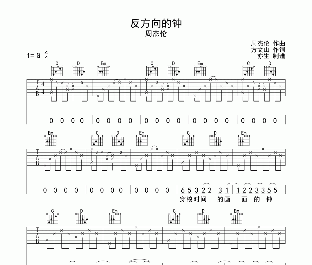 反方向的钟吉他谱 周杰伦-反方向的钟六线谱G调