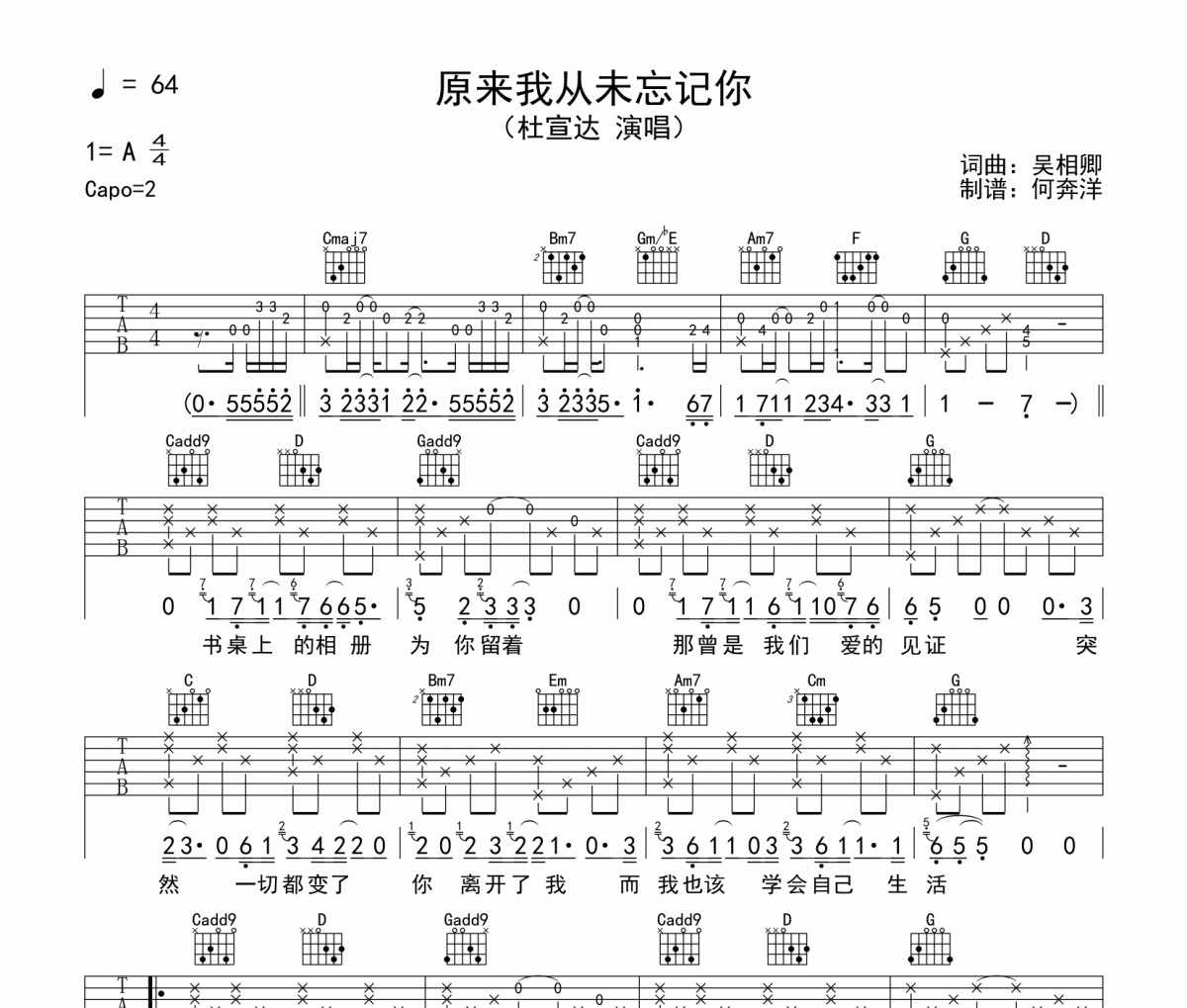 原来我从未忘记你六线谱 杜宣达-原来我从未忘记你吉他谱