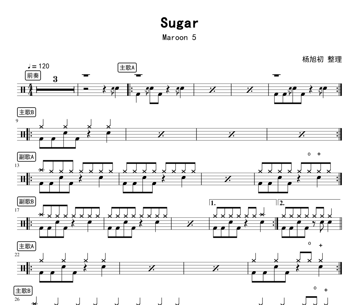 sugar架子鼓谱 maroon 5