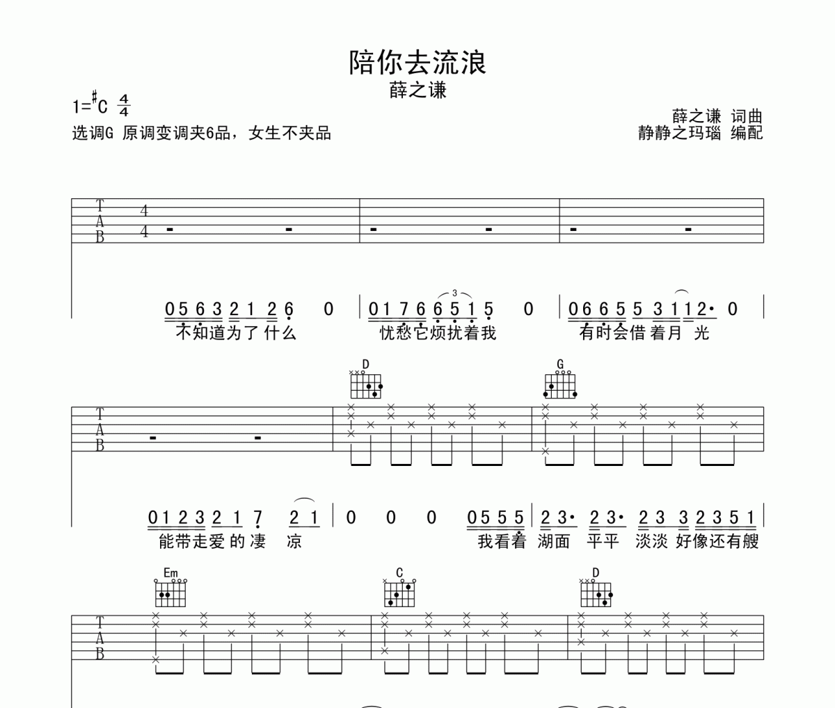 陪你去流浪吉他谱 薛之谦-陪你去流浪六线谱G调编配