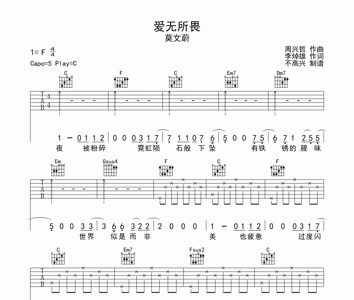 爱无所谓吉他谱 莫文蔚-爱无所谓六线谱C调编配