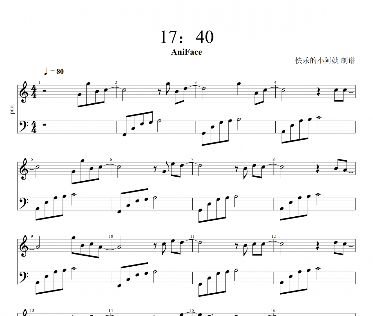 17:40钢琴谱 AniFace-17：40五线谱