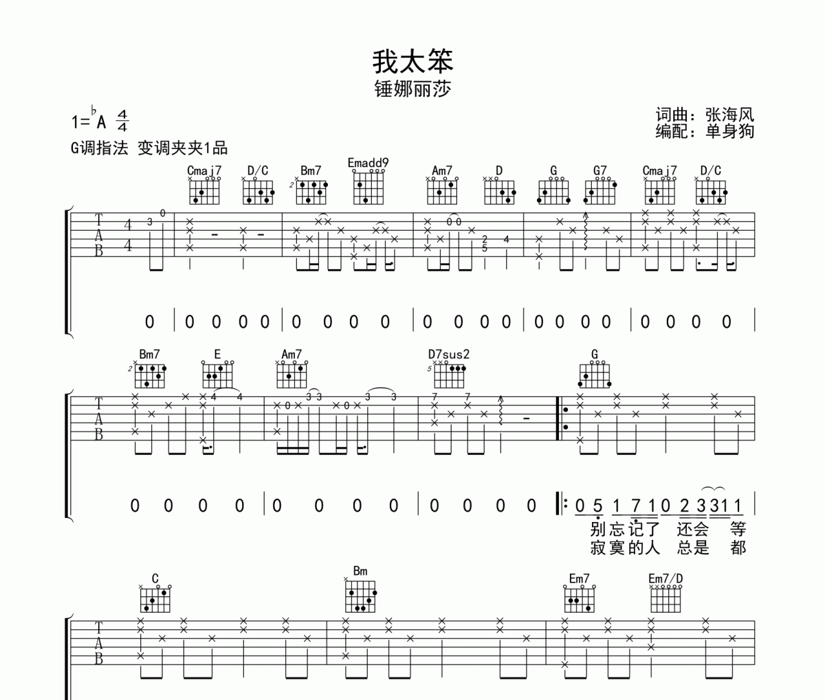 我太笨六线谱 锤娜丽莎-我太笨吉他谱G调指法