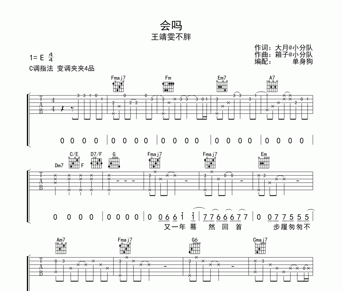 王靖雯不胖《会吗》吉他谱六线谱C调指法