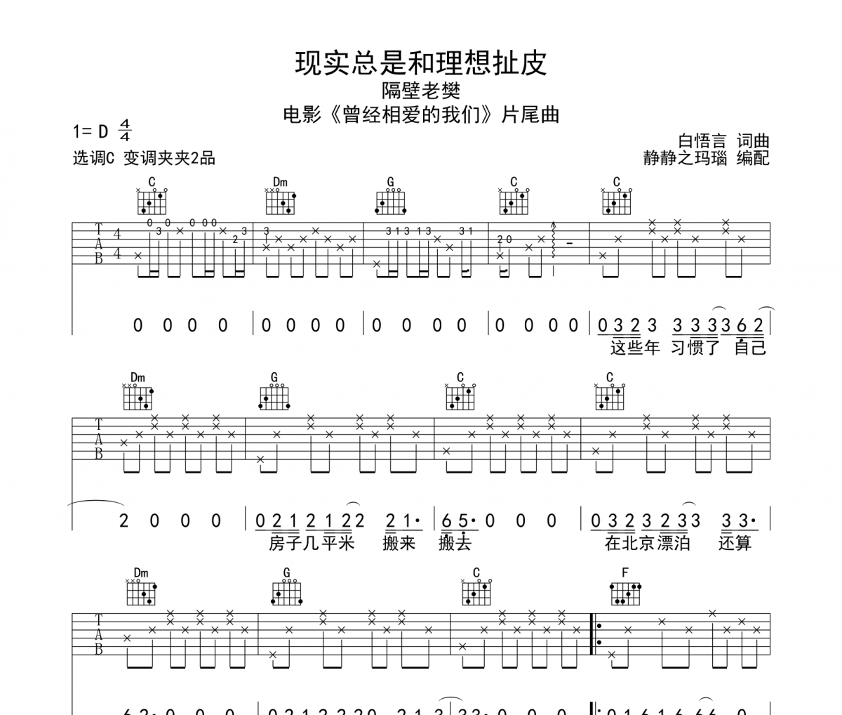 隔壁老樊《现实总是和理想扯皮》吉他谱六线谱C调