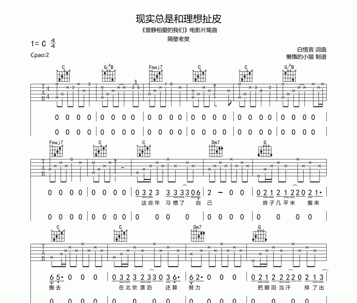 现实总是和理想扯皮六线谱 隔壁老樊-现实总是和理想扯皮吉他谱