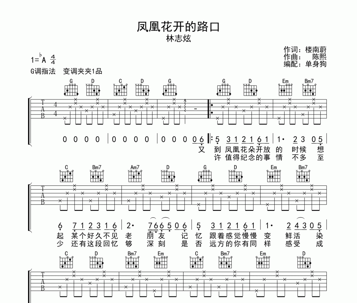 凤凰花开的路口吉他谱 林志炫-凤凰花开的路口六线谱