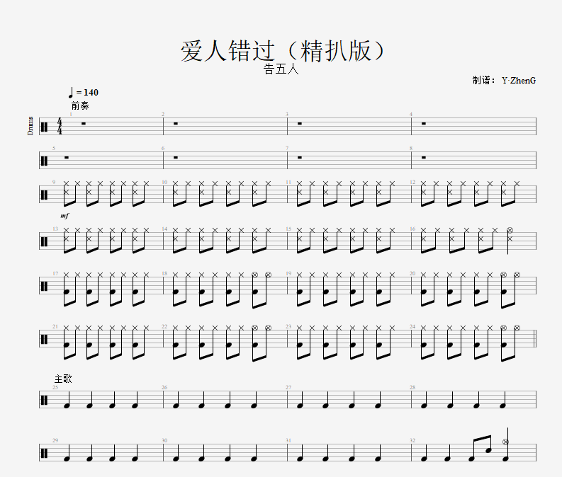 爱人错过鼓谱 告五人-爱人错过（精扒版）爵士鼓谱