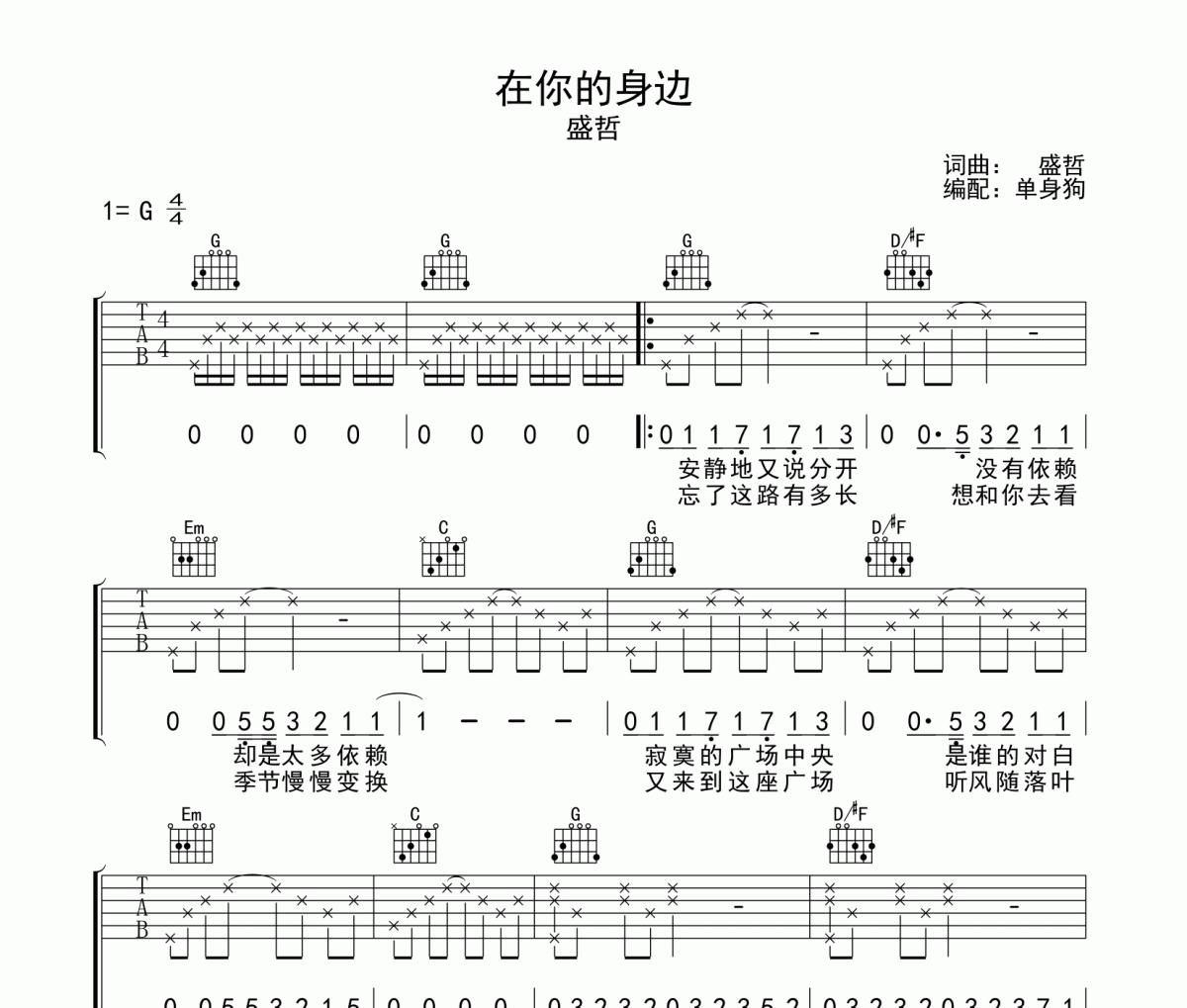 在你的身边吉他谱 盛哲-在你的身边G调弹唱谱