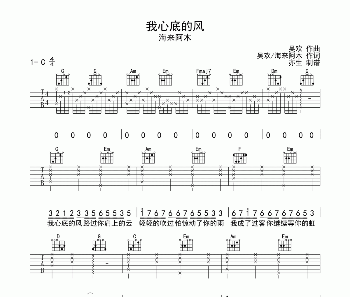 海来阿木《我心底的风》吉他谱六线谱