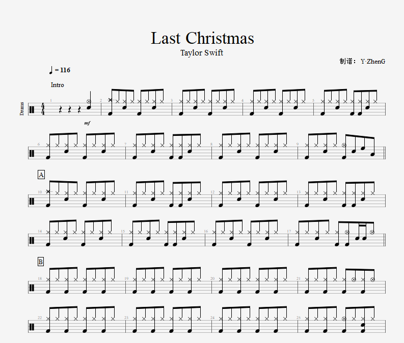 Last Christmas架子鼓谱 Taylor Swift-Last Christmas（精扒版）爵士鼓谱【圣诞主题