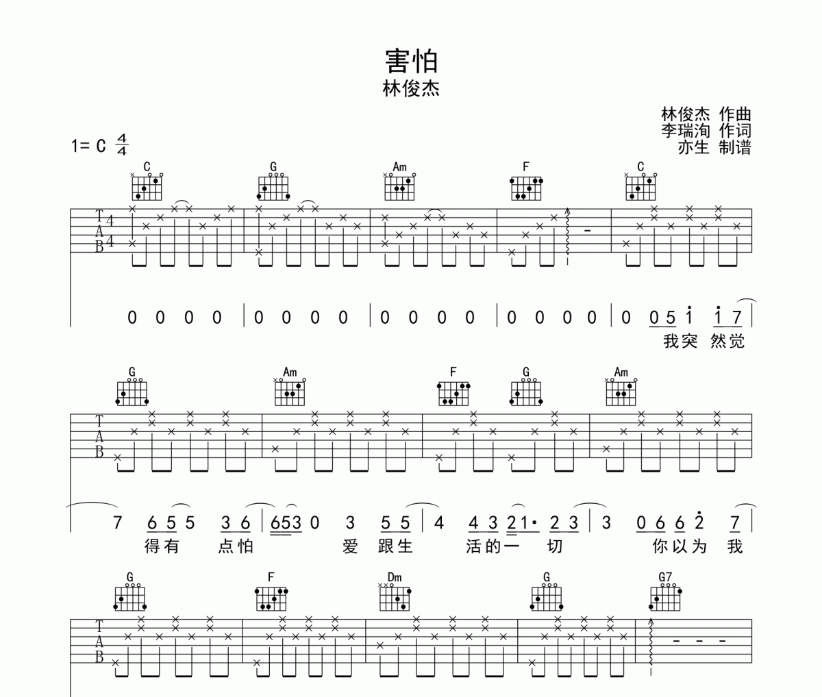 害怕吉他谱 林俊杰-害怕六线谱C调