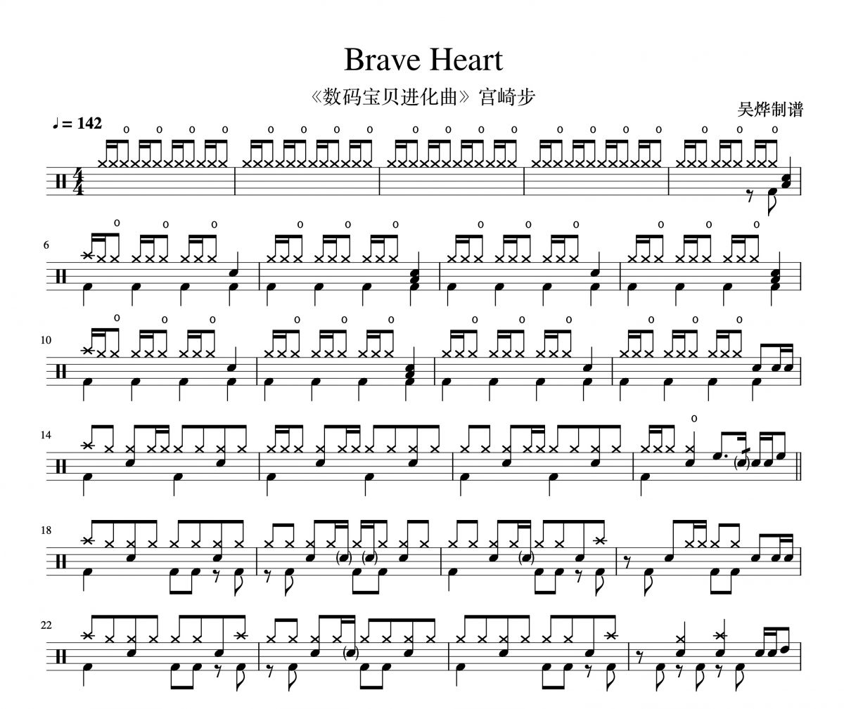 Brave Heart 演唱的数码宝贝进化曲宫崎步架子鼓谱