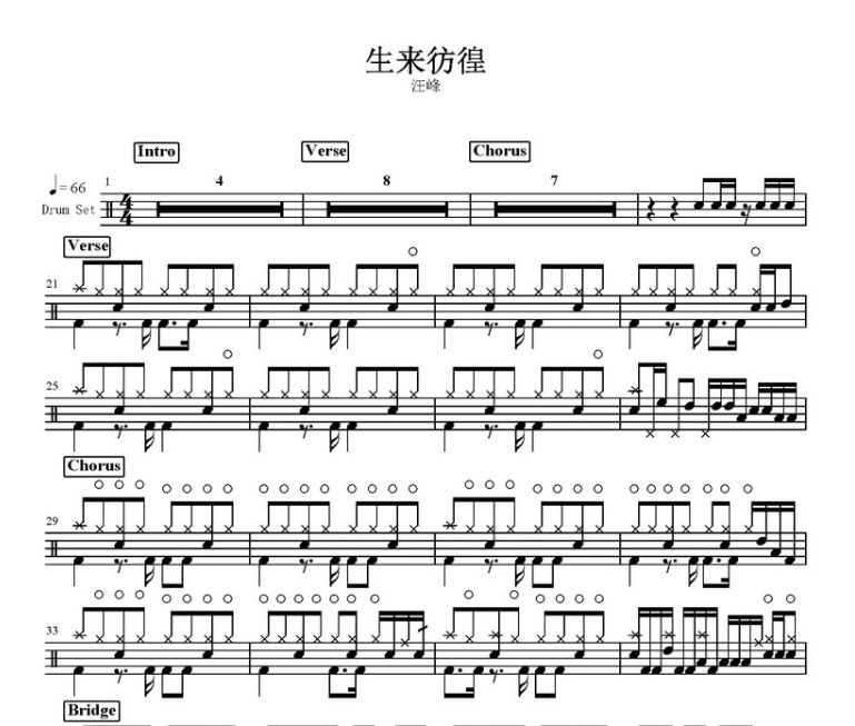 生来彷徨鼓谱 汪峰-生来彷徨架子鼓谱