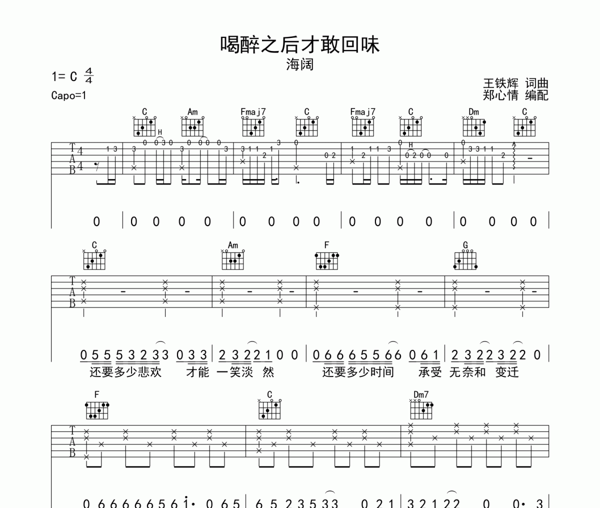 喝醉之后才敢回味吉他谱 海阔-喝醉之后才敢回味六线谱C调