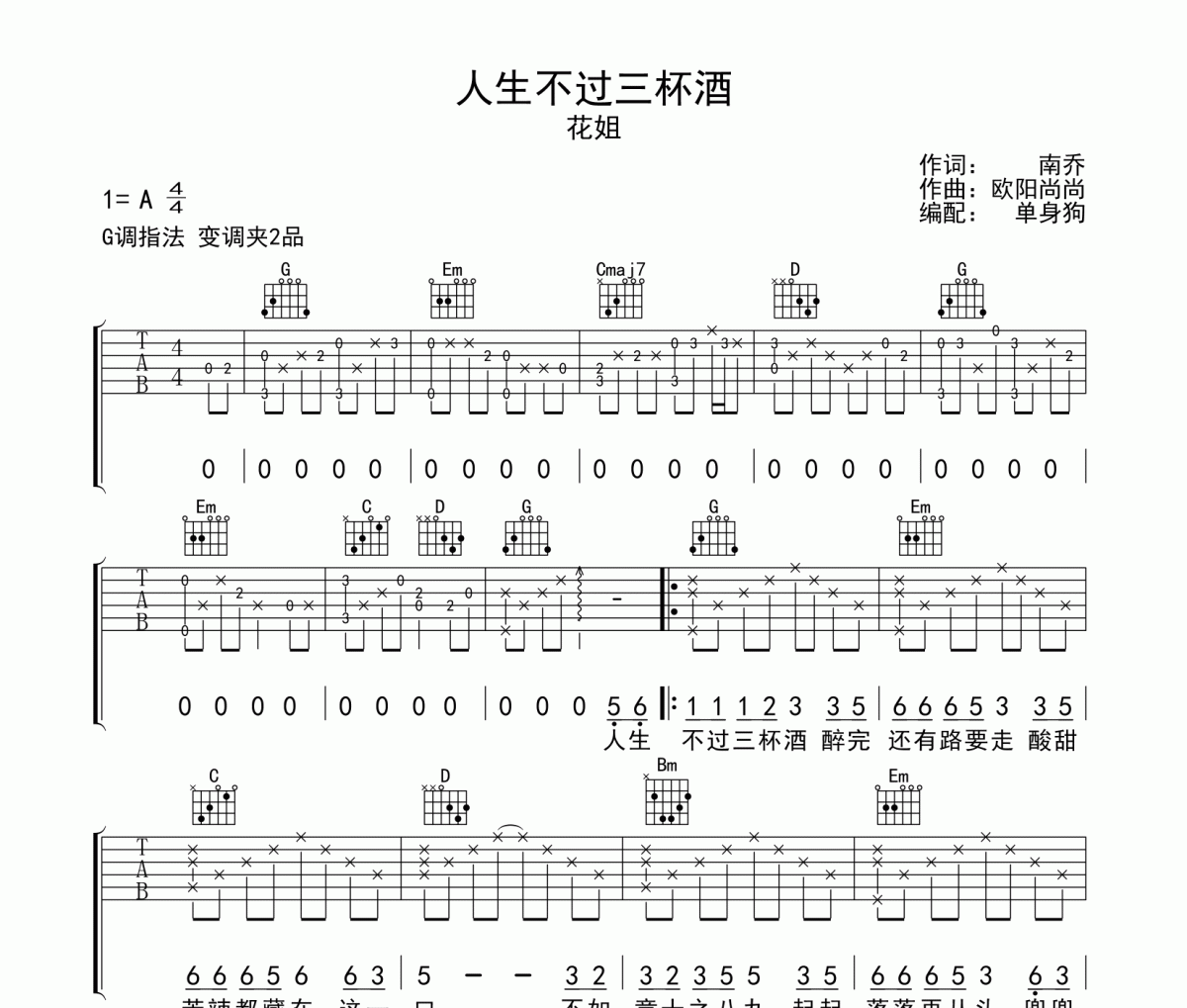 人生不过三杯酒吉他谱 花姐-人生不过三杯酒弹唱谱