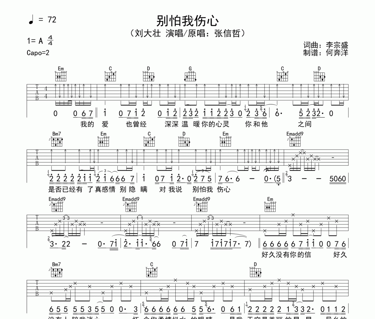 别怕我伤心吉他谱 刘大壮-别怕我伤心六线谱