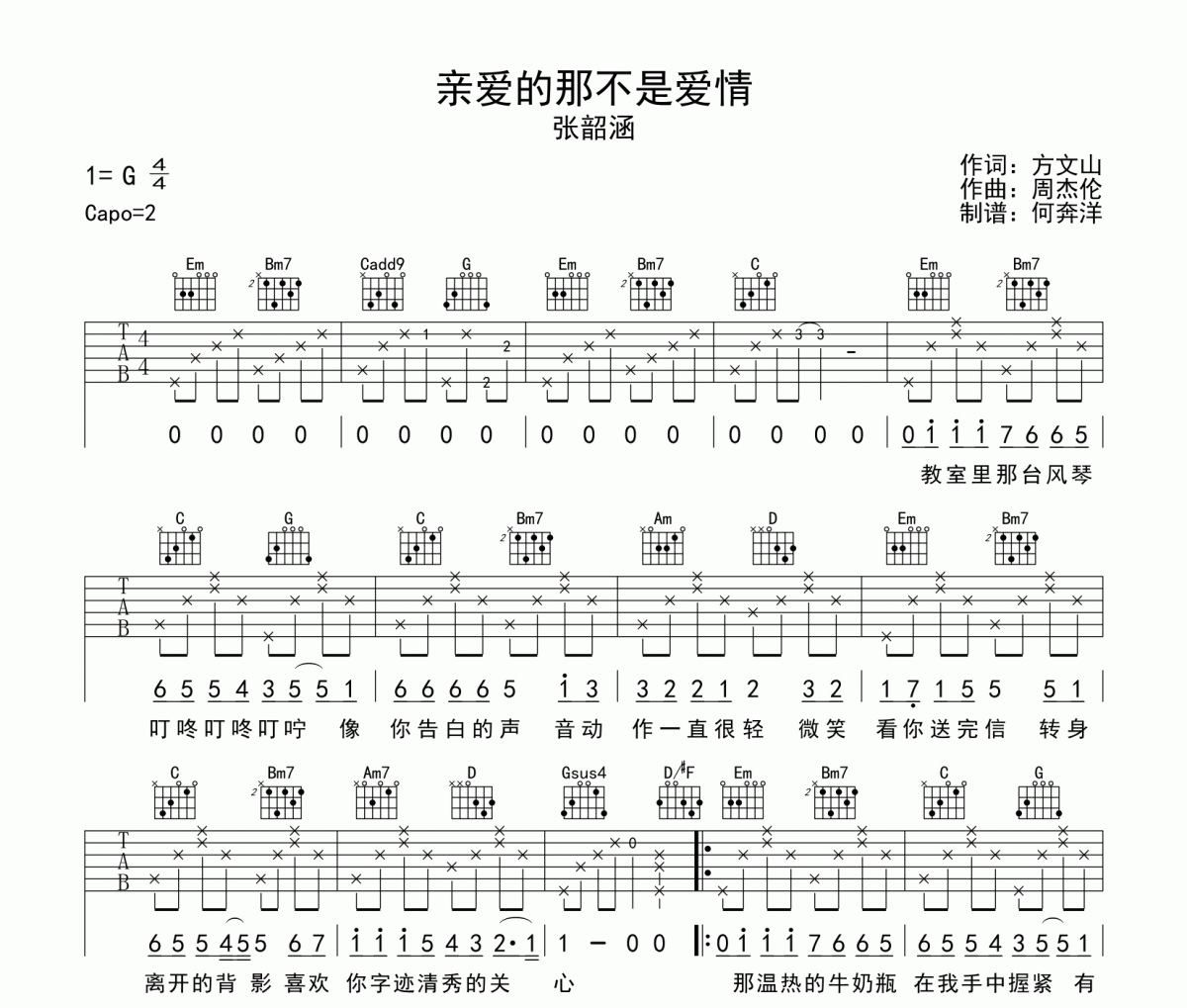 亲爱的那不是爱情吉他谱 张韶涵-亲爱的那不是爱情六线谱