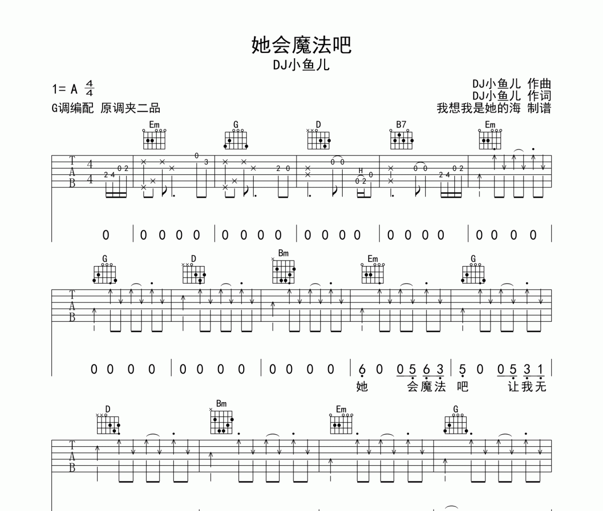 她会魔法吧吉他谱 DJ小鱼儿-她会魔法吧六线谱