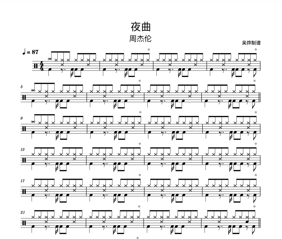 夜曲鼓谱 周杰伦-夜曲（精扒版）架子鼓谱