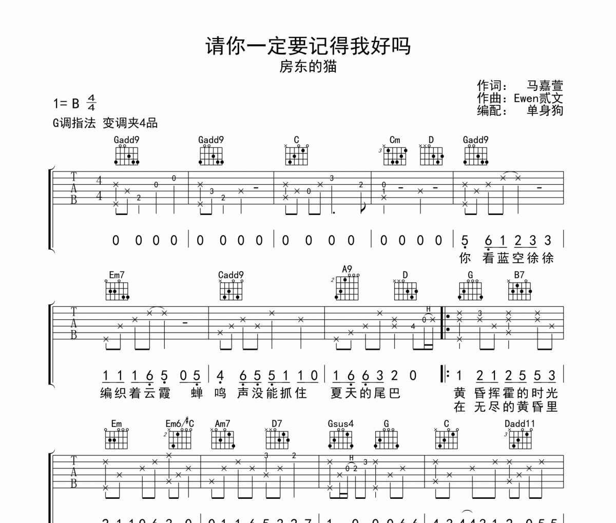 请你一定要记得我好吗吉他谱 房东的猫G调指法弹唱谱