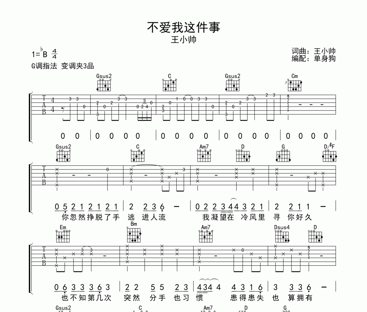 不爱我这件事吉他谱 王小帅G调指法弹唱谱