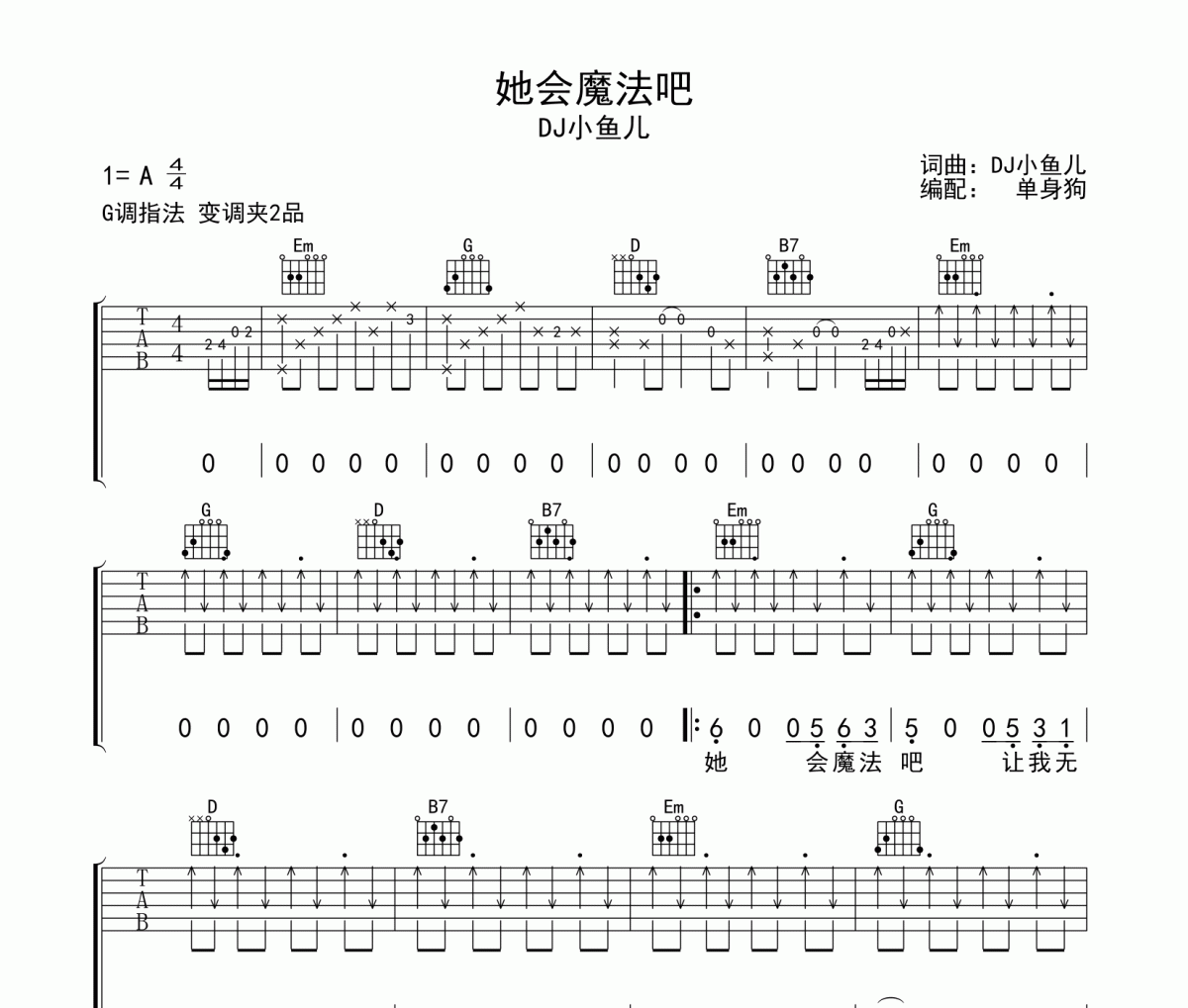 她会魔法吧吉他谱 DJ小鱼儿-她会魔法吧弹唱谱