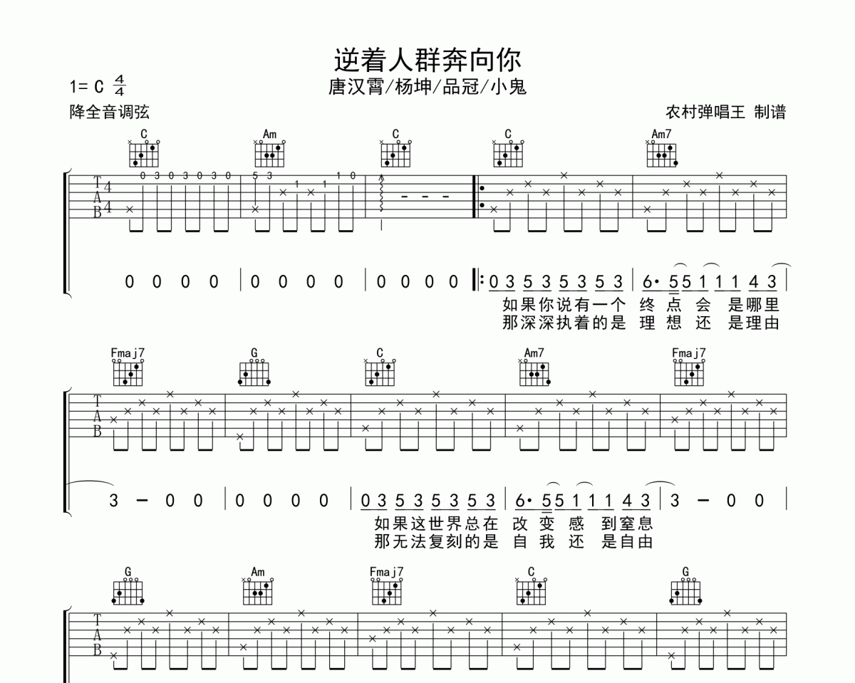 杨坤/唐汉霄/品冠/小鬼-逆着人群奔向你吉他谱六线谱C调