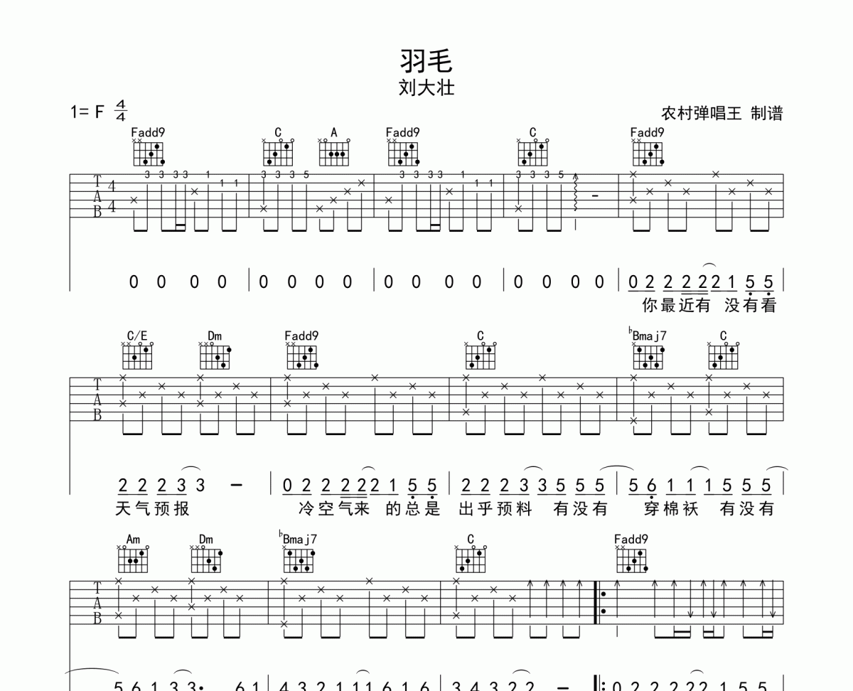 羽毛吉他谱 刘大壮-羽毛六线谱F调