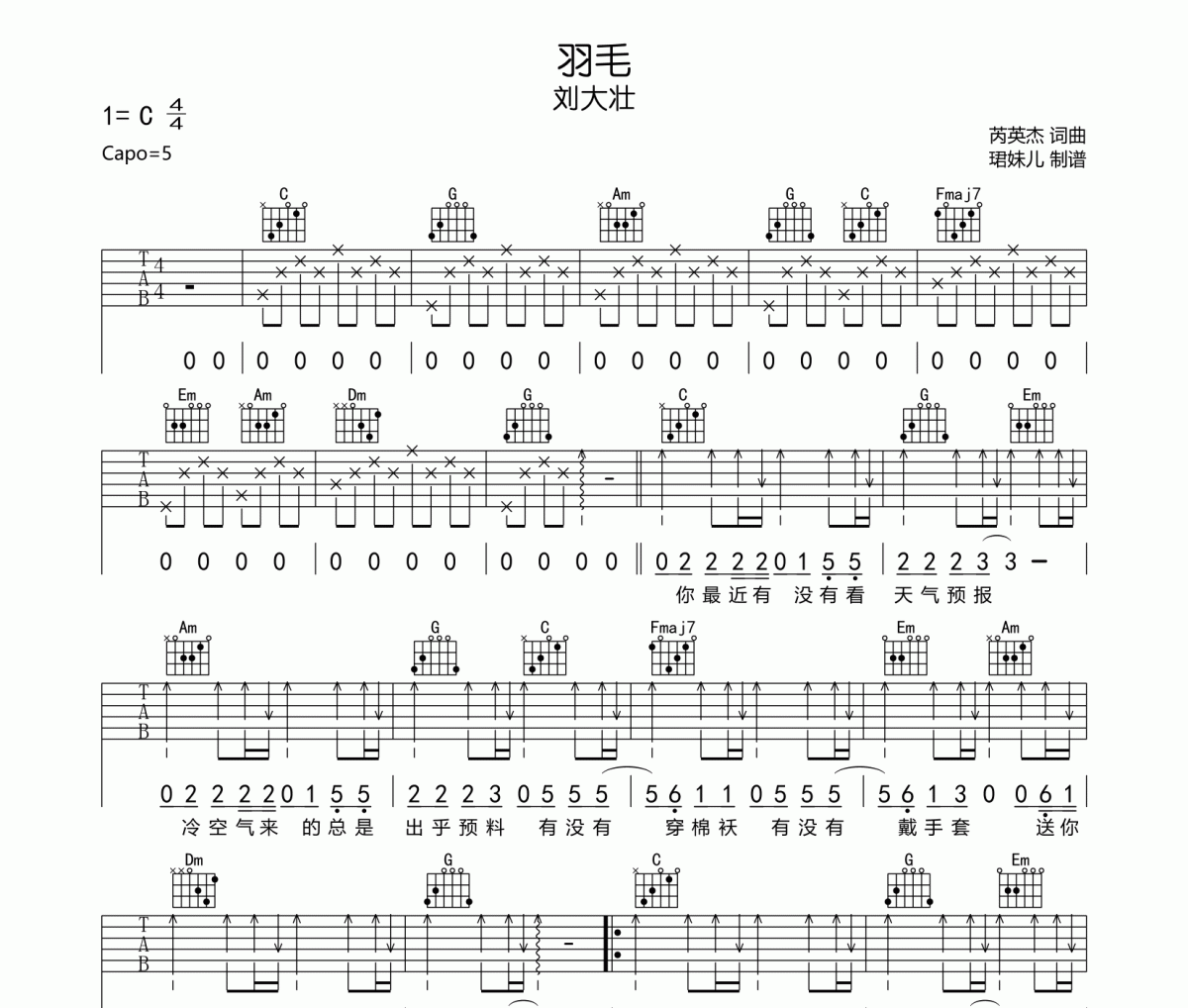 羽毛吉他谱 刘大壮-羽毛C调弹唱谱