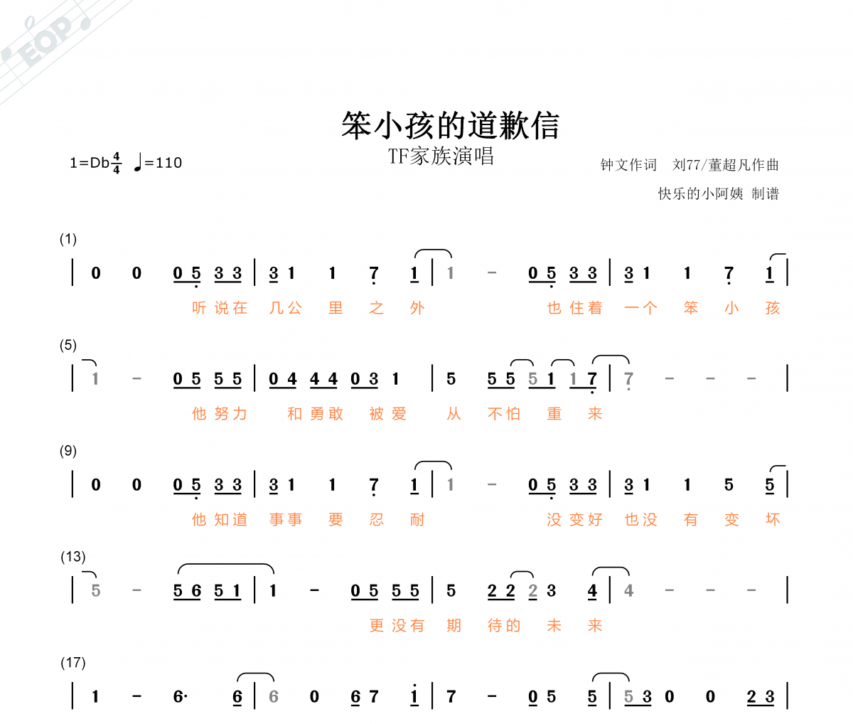 TF家族-笨小孩的道歉信简谱降D调