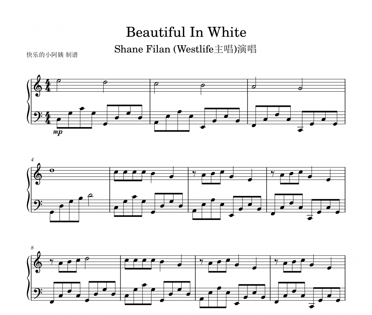 Beautiful In White钢琴谱 Shane Filan (Westlife主唱)-Beautiful In 