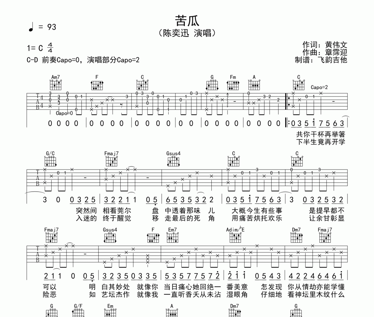 苦瓜吉他谱 陈奕迅-苦瓜六线谱C调