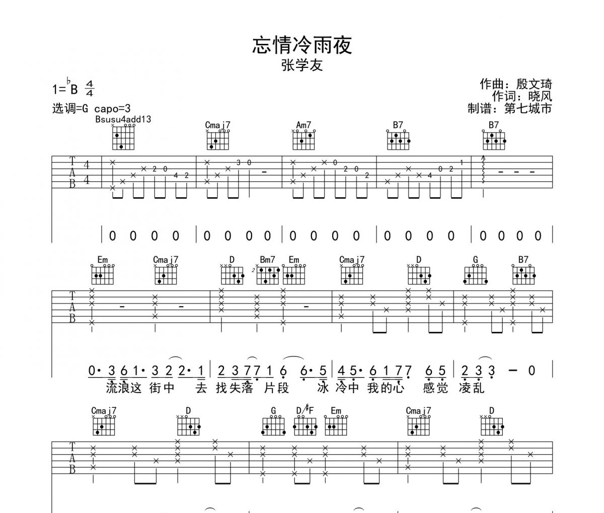 忘情冷雨夜吉他谱 张学友-忘情冷雨夜六线谱G调