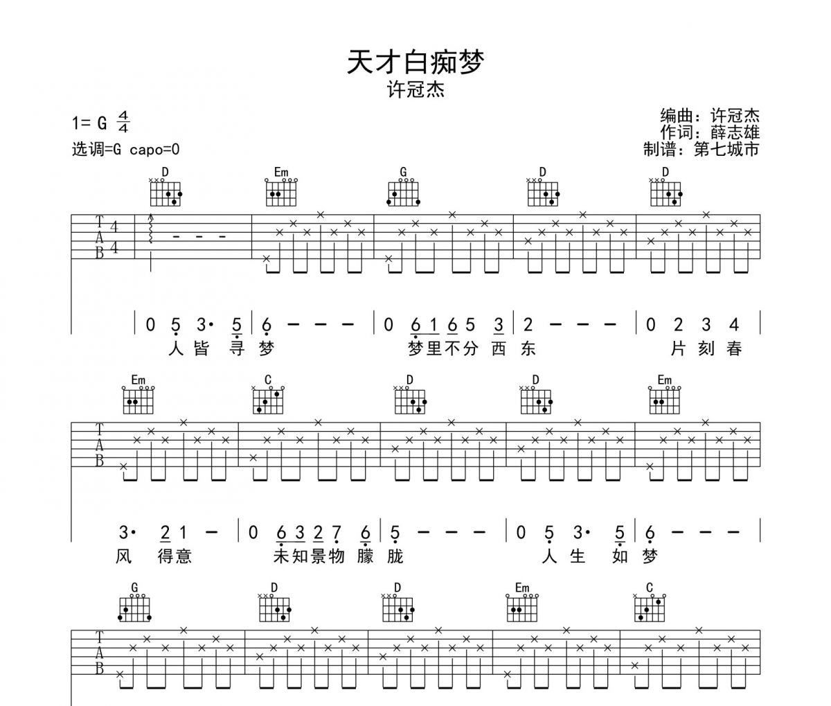 许冠杰《天才白痴梦》吉他谱六线谱