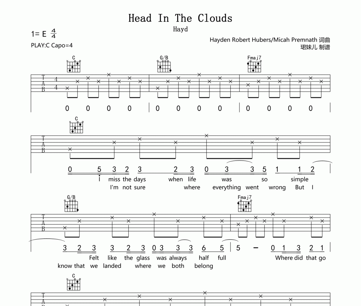 Head In The Clouds吉他谱 Hayd-Head In The Clouds六线谱C调