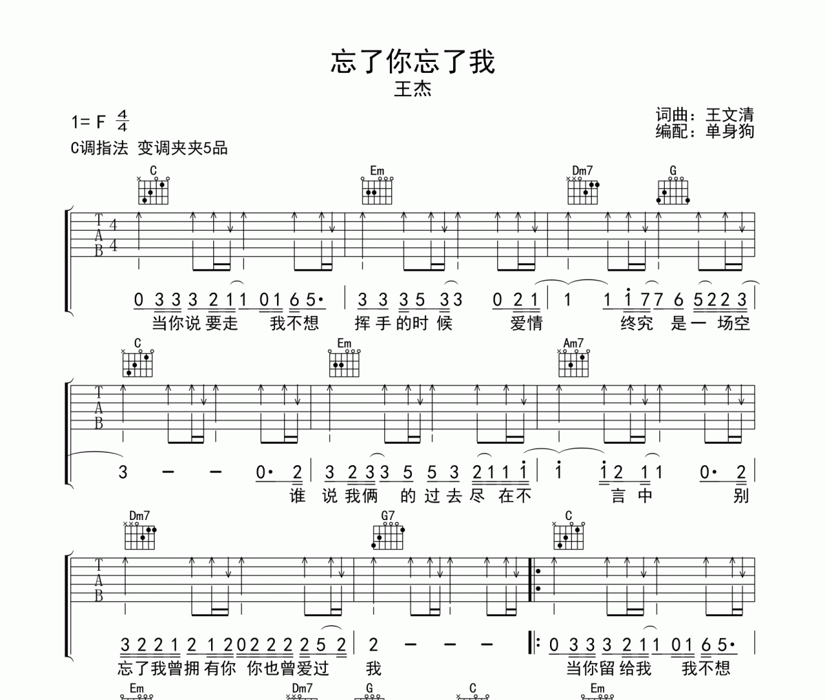 忘了你忘了我吉他谱 王杰C调指法弹唱谱