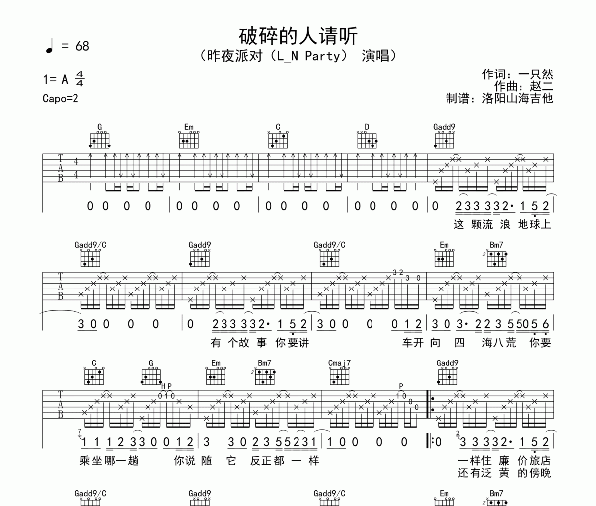 破碎的人请听吉他谱 昨夜派对(L_N Party)《破碎的人请听》六线谱